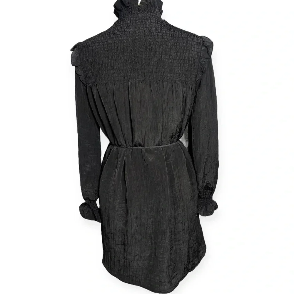 French Connection black boza crinkle dress long sleeve mock neck smocked CBK - Picture 6 of 10